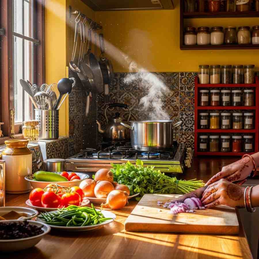 Hands arranging ingredients on a kitchen counter during a meal planning discussion