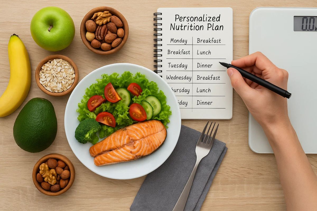 Open notebook with nutrition notes beside fresh ingredients in a consultation workspace